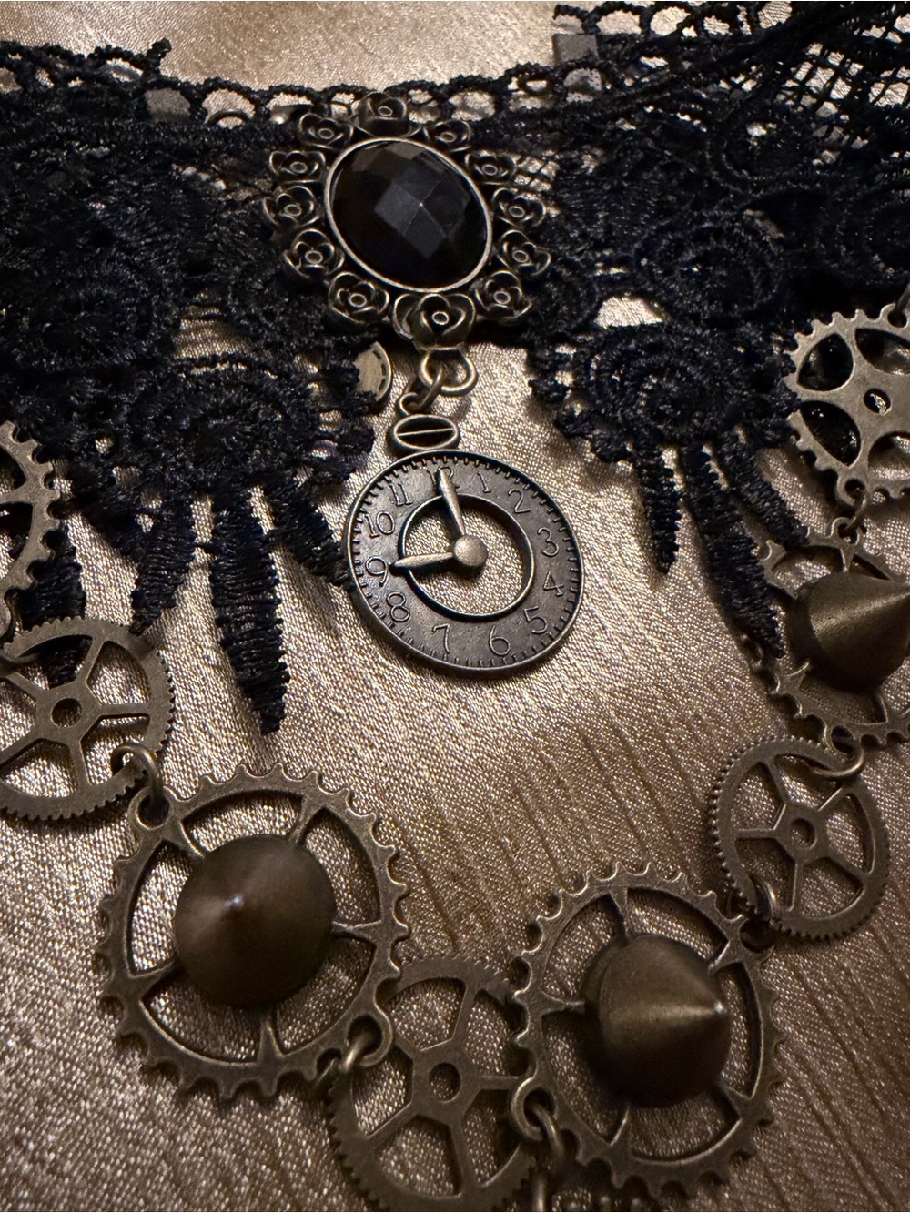 Victorian Gothic Black Lace Steampunk Choker with Clock Charm